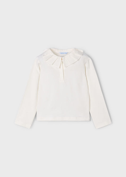 Mayoral Girls Long Sleeve Cream Top With Pleated Collar