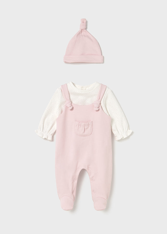 Mayoral Newborn Baby Girls Rose Pink Soft Dungarees And Hat Set