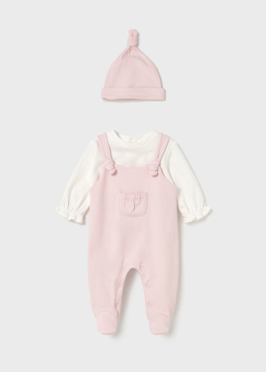Mayoral Newborn Baby Girls Rose Pink Soft Dungarees And Hat Set