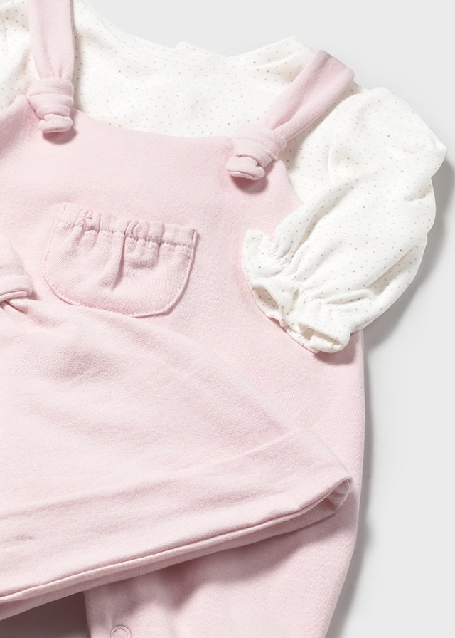 Mayoral Newborn Baby Girls Rose Pink Soft Dungarees And Hat Set