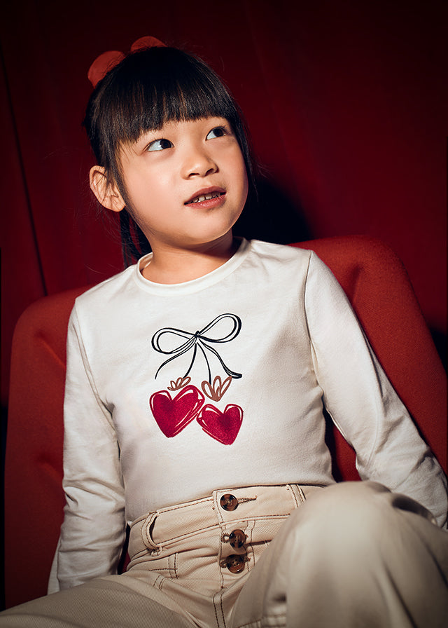 Mayoral Girls Long Sleeve Macchiato T-shirt With Red Scrunchy