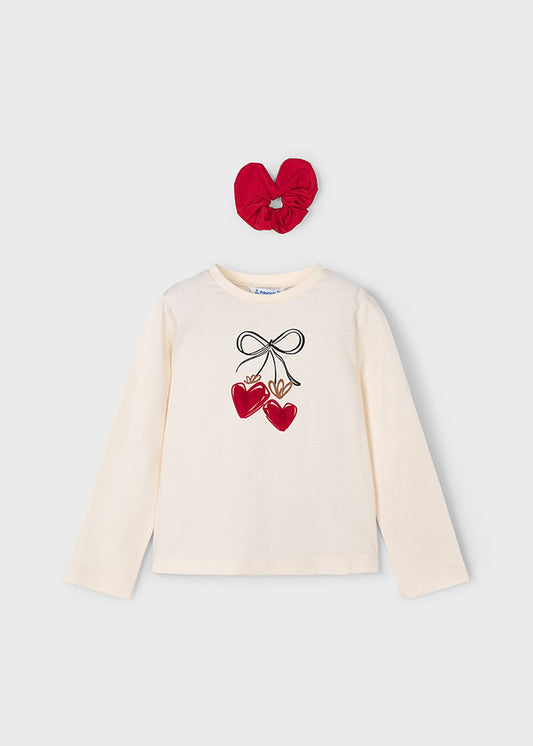 Mayoral Girls Long Sleeve Macchiato T-shirt With Red Scrunchy