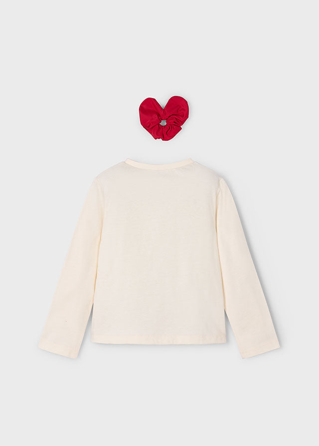 Mayoral Girls Long Sleeve Macchiato T-shirt With Red Scrunchy