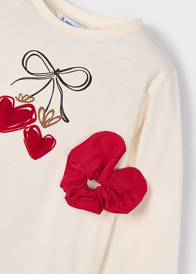 Mayoral Girls Long Sleeve Macchiato T-shirt With Red Scrunchy