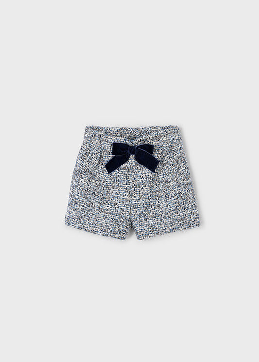 Mayoral Girls Black & White Soft Tweed Shorts With navy Velvet Bow