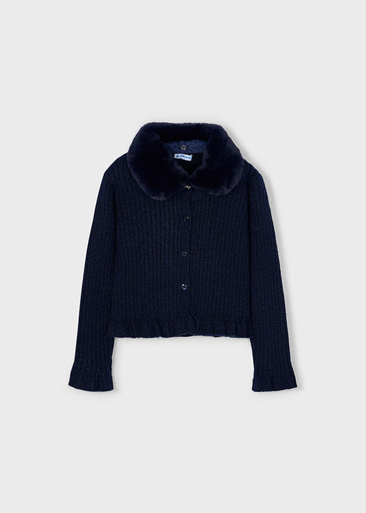 Mayoral Girls Navy aux Fur Collar Ribbed Cardigan