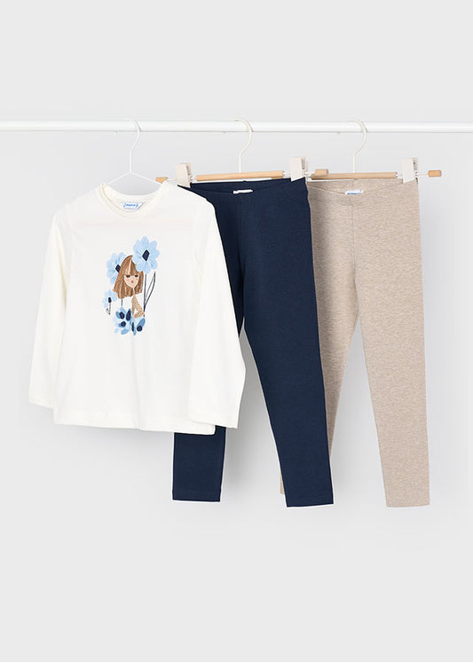 Mayoral Girls Long Sleeve Top With 2pc Navy & Stone Leggings Set