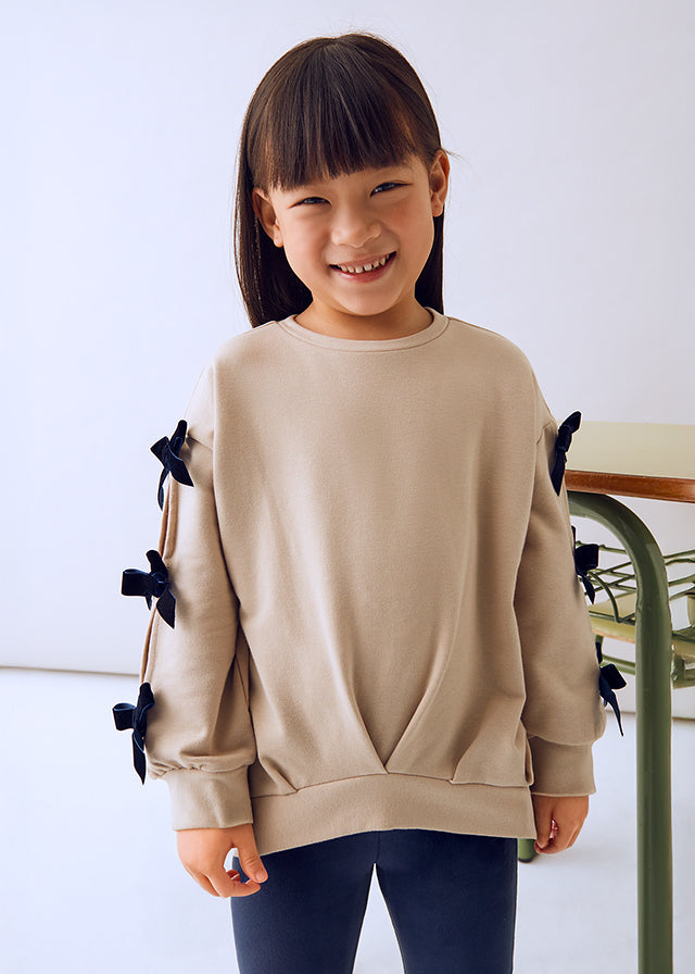 Mayoral Girls Navy Velvet Leggings and Stone Jumper With Navy Bow Sleeve Detail