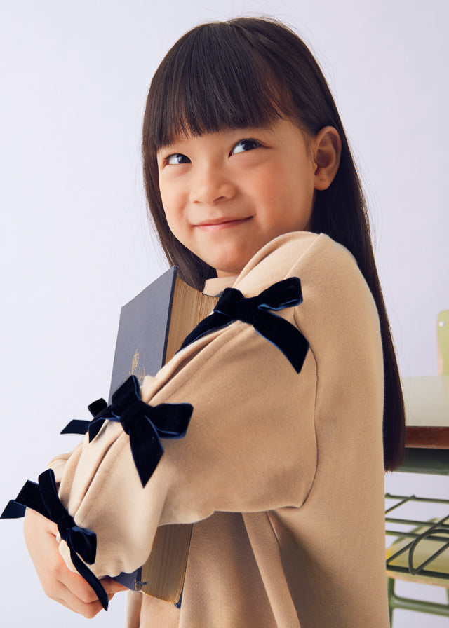 Mayoral Girls Navy Velvet Leggings and Stone Jumper With Navy Bow Sleeve Detail