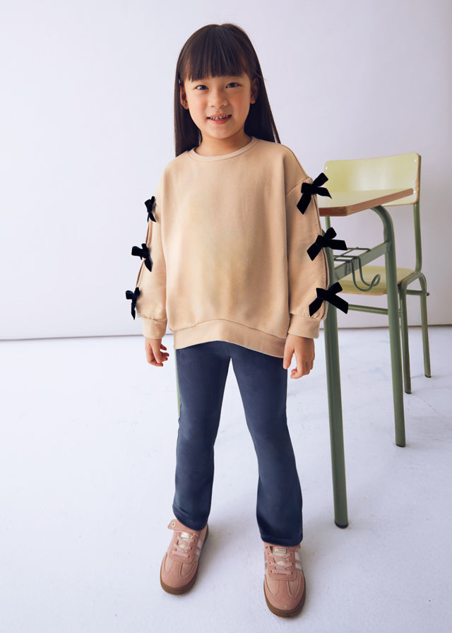 Mayoral Girls Navy Velvet Leggings and Stone Jumper With Navy Bow Sleeve Detail