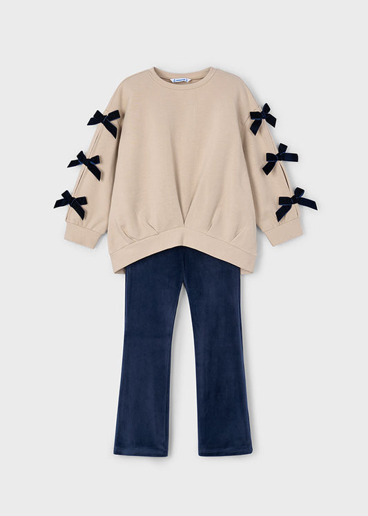 Mayoral Girls Navy Velvet Leggings and Stone Jumper With Navy Bow Sleeve Detail