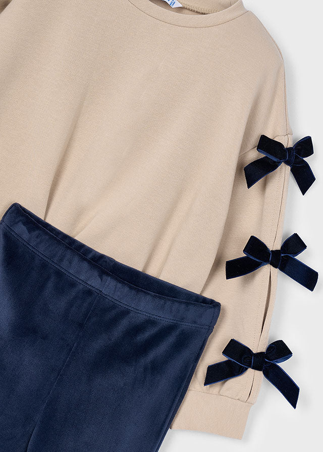 Mayoral Girls Navy Velvet Leggings and Stone Jumper With Navy Bow Sleeve Detail