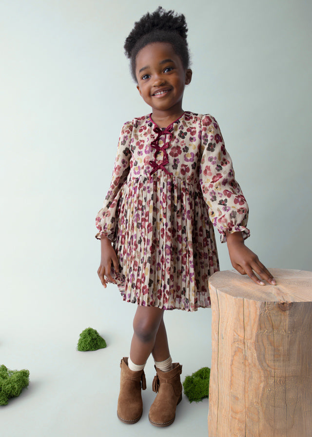 Mayoral Girls Cherry Flower Print Pleated Dress