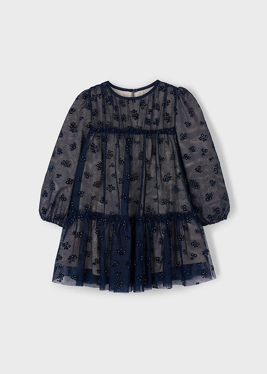 Mayoral Girls Navy Tulle Printed Dress