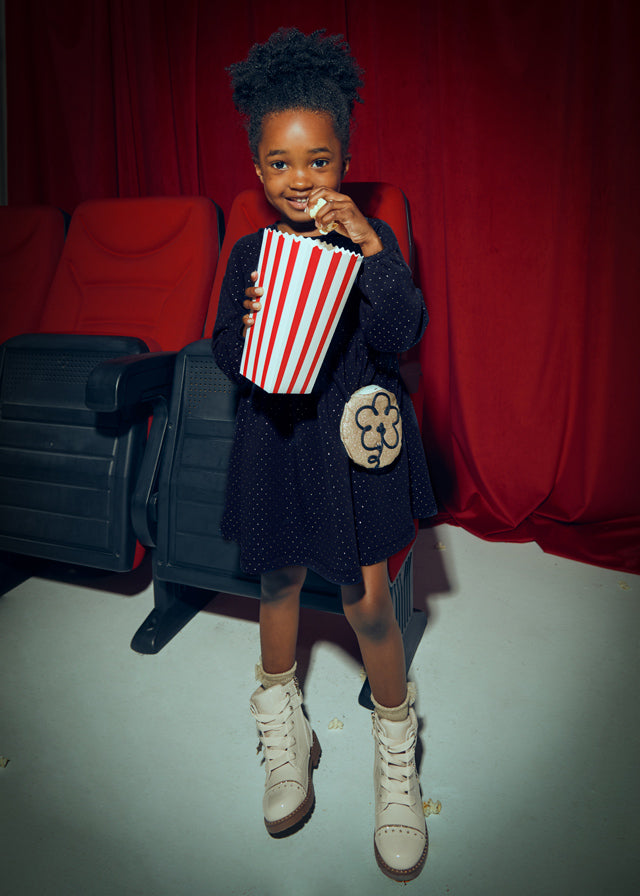 Mayoral Girls Navy Fleeced Dress With Flower Handbag