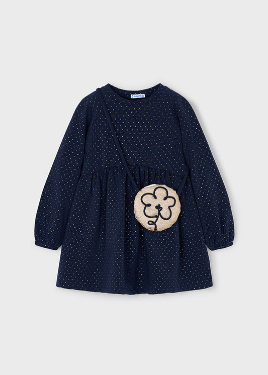 Mayoral Girls Navy Fleeced Dress With Flower Handbag