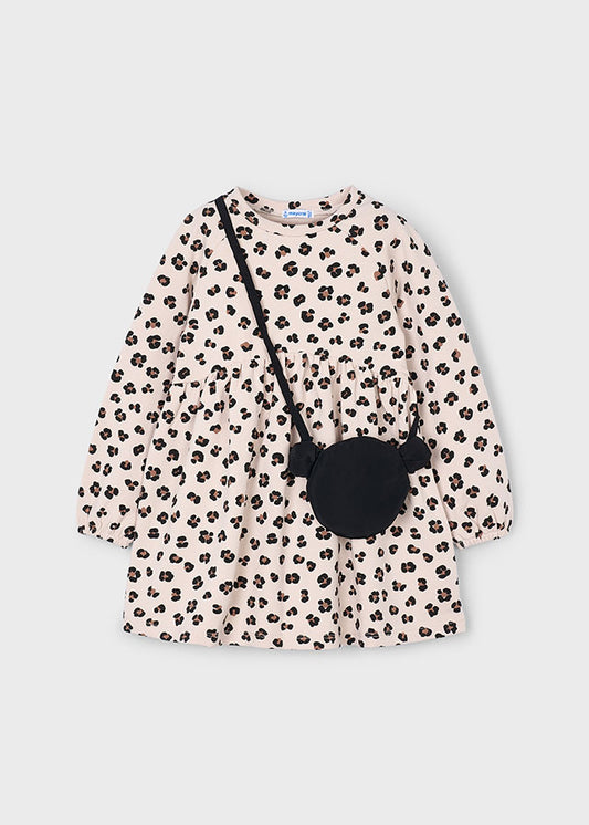 Mayoral Girls Sand Fleeced Leppard Print Dress With Black Bag