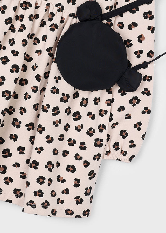 Mayoral Girls Sand Fleeced Leppard Print Dress With Black Bag