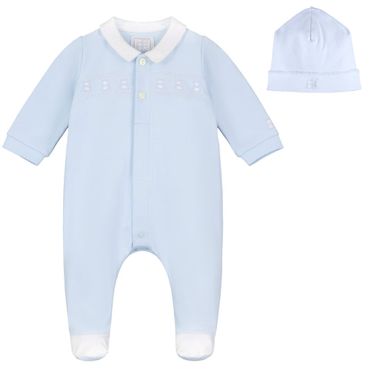 Emile et Rose Baby Boys Blue Baby Grow Embroidered Teddy and Hat