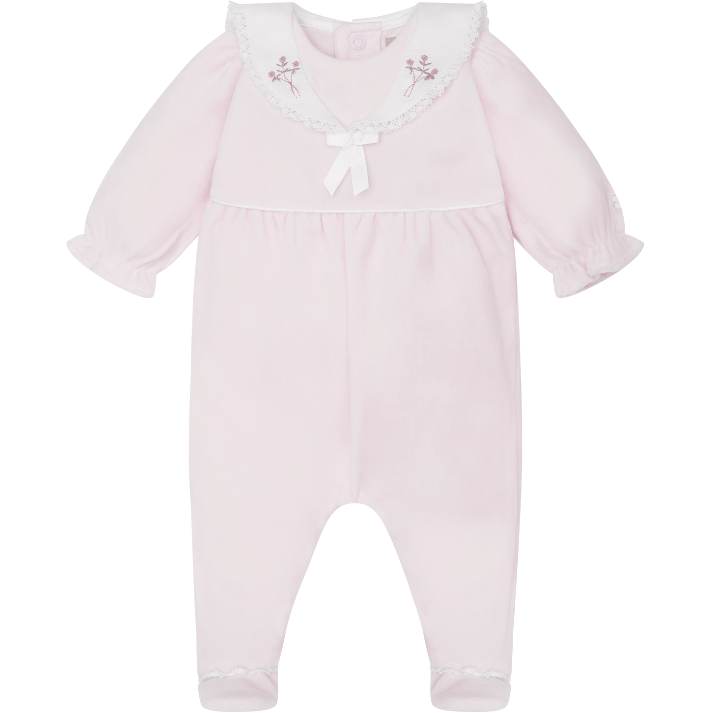 Emile et Rose Baby Girls Pink Velour Baby Grow with Embroidered Collar & Lace Trim