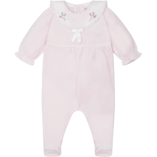 Emile et Rose Baby Girls Pink Velour Baby Grow with Embroidered Collar & Lace Trim