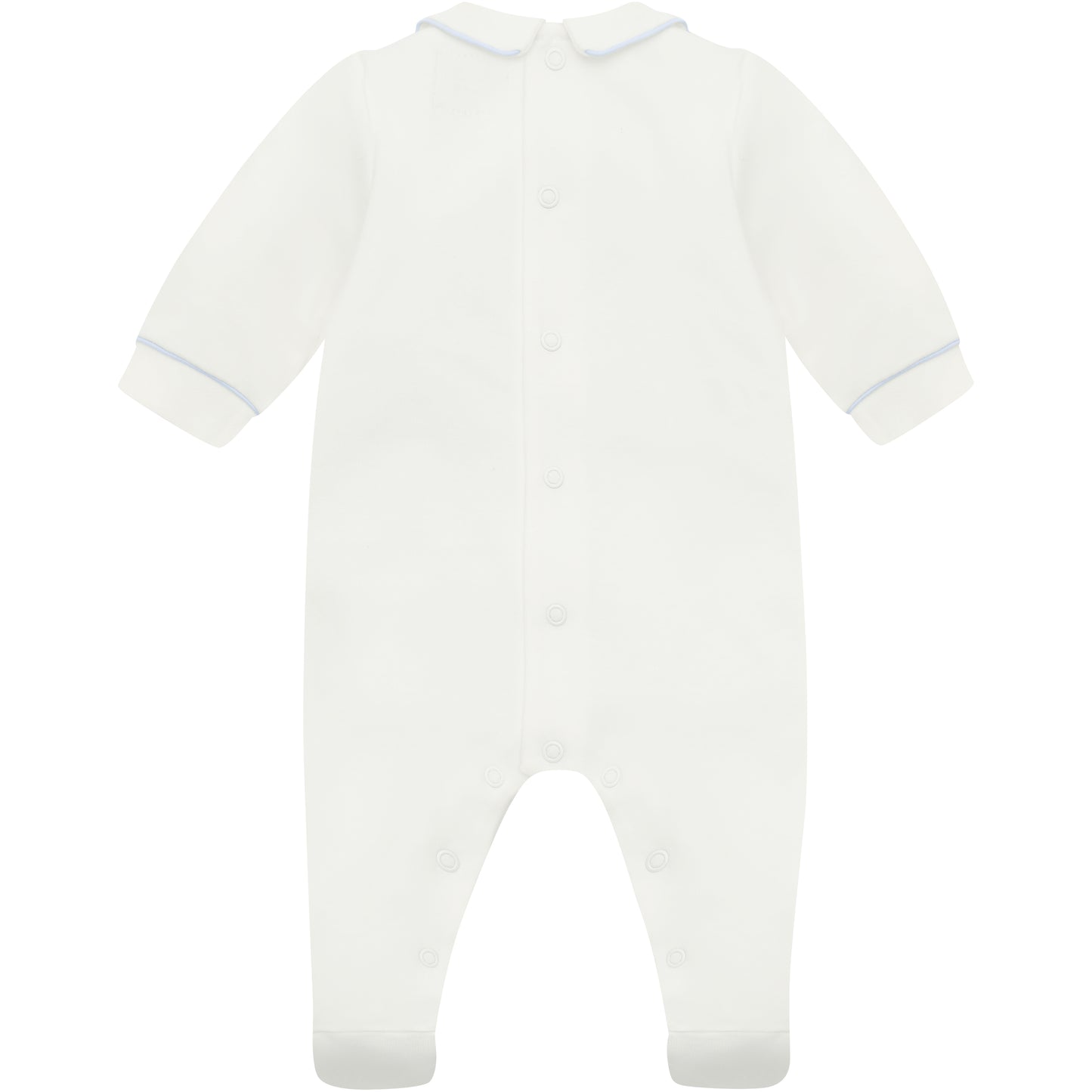 Emile et Rose Baby Boys White Babygrow with Pleats and Embroidered Nursery Design in Blue