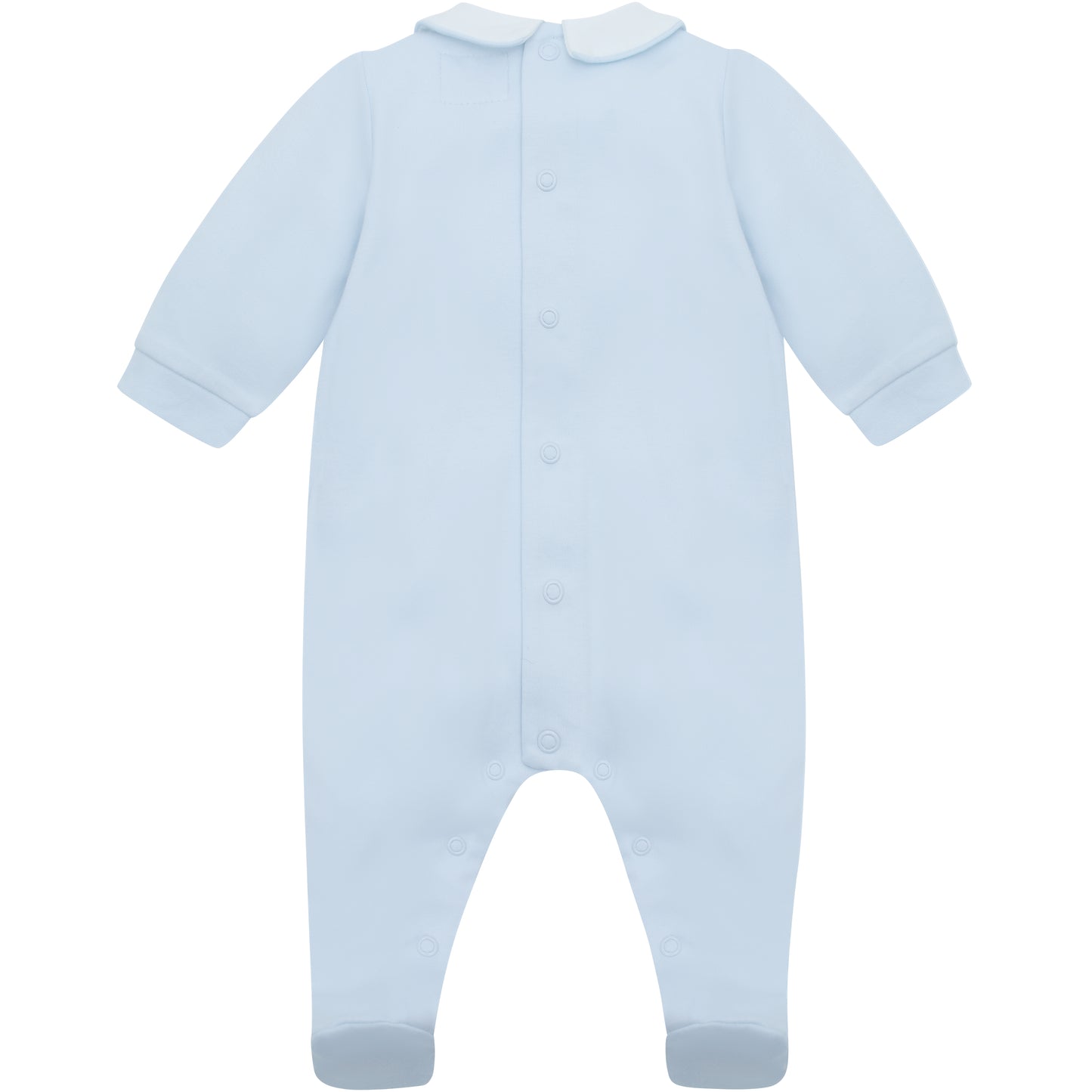 Emile et Rose Baby Boys Blue Babygrow with Pleats and Embroidered Nursery Design