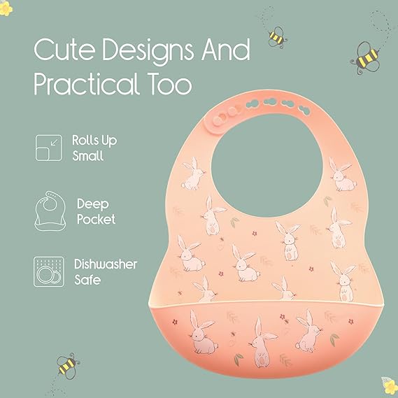 Ziggle Baby Girls Bunnies Pink Silicone Bib