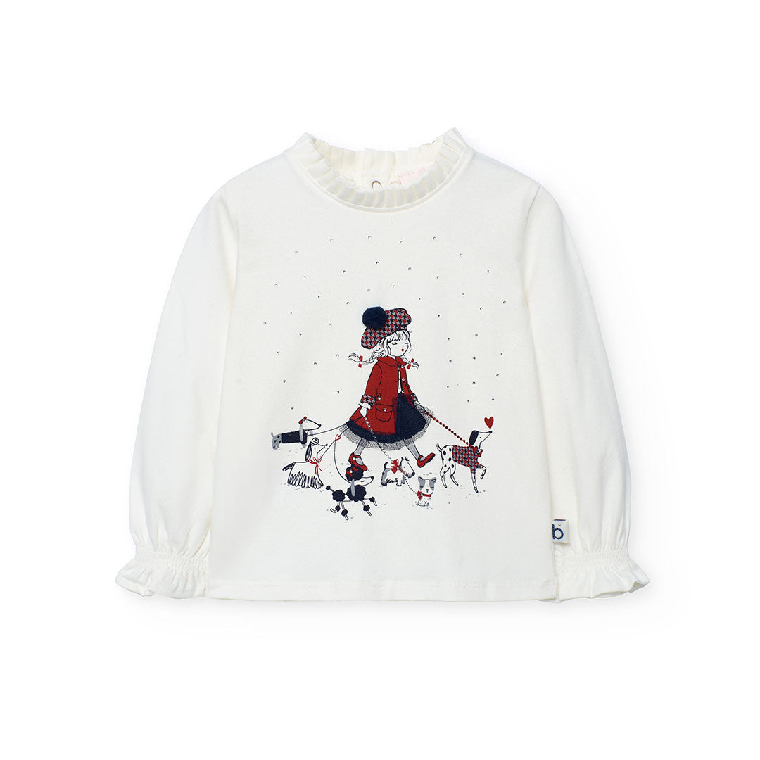 Boboli Girls Long sleeve Off White Frill Neck Top