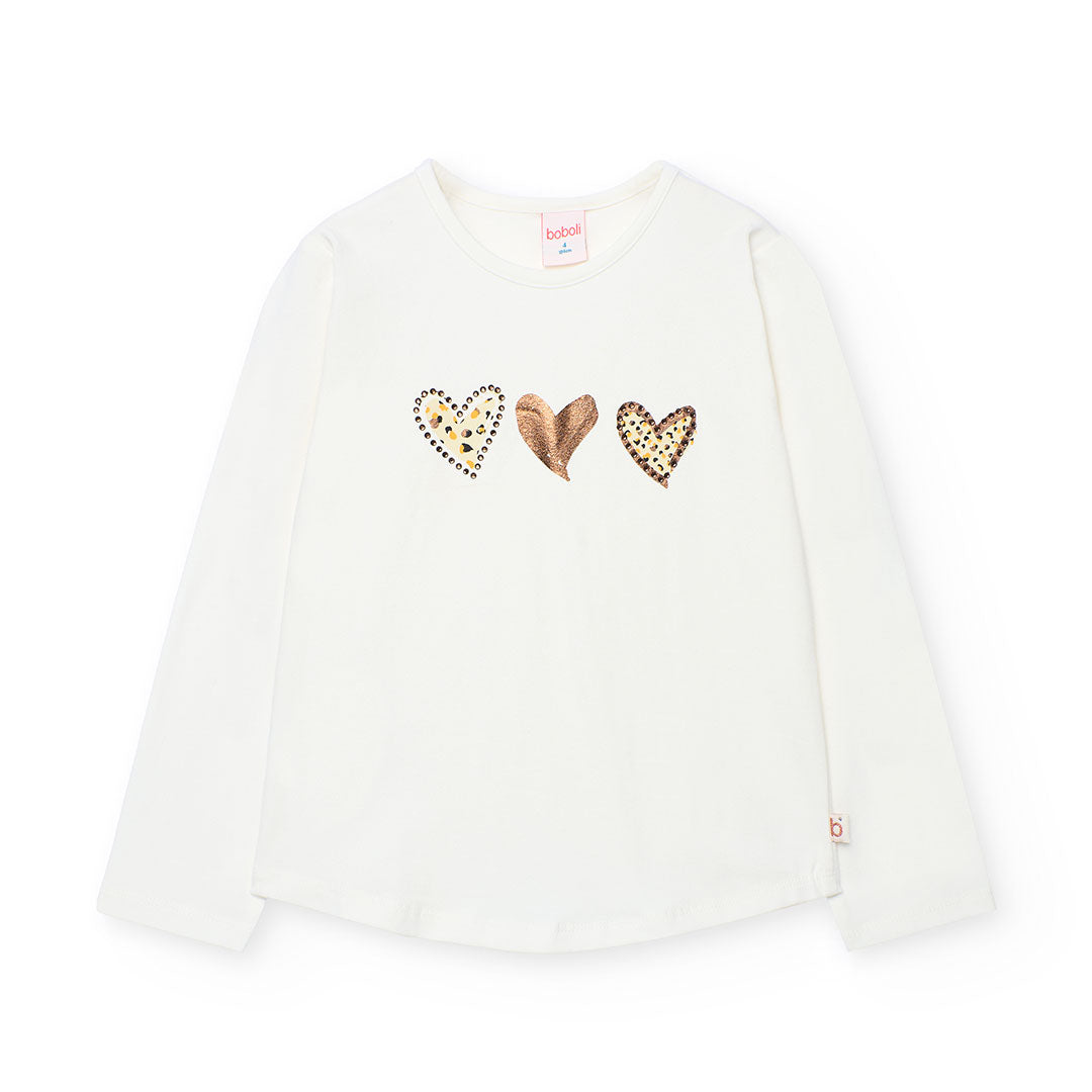 Boboli Girls Off White Long sleeve T-shirt With Gold Heart Detail
