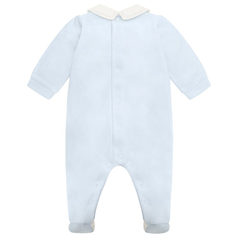 Emile et Rose Baby Boys Blue Velour Baby Grow-Front Pleats with Buttons & Collar