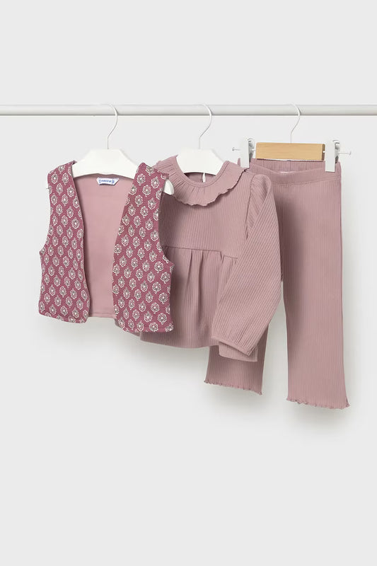 Mayoral Baby Girl 3 Piece Dusty Pink Ribbed Set