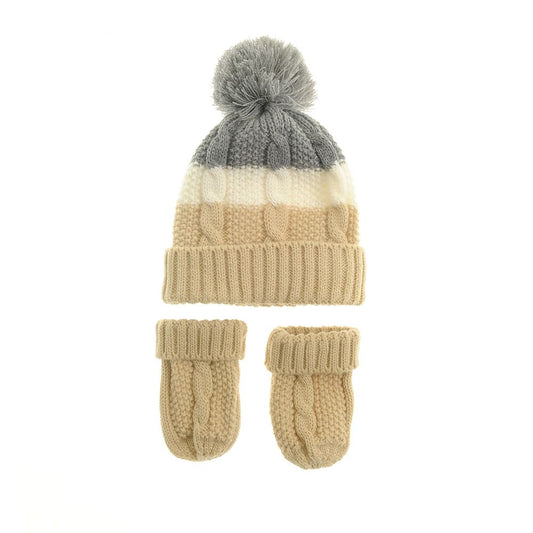 Ziggle Baby Boys Beige Cream and Grey Cable Knit Bobble Hat and Mittens