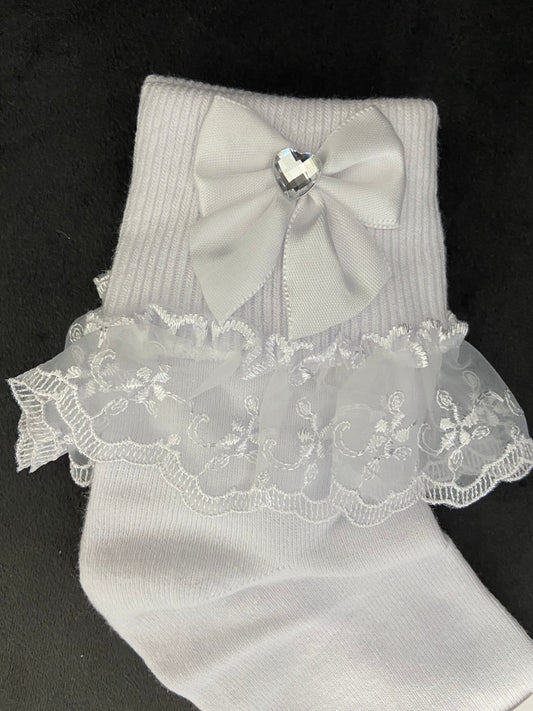 Sweetie Pie White Socks With Bow And Heart Jewel