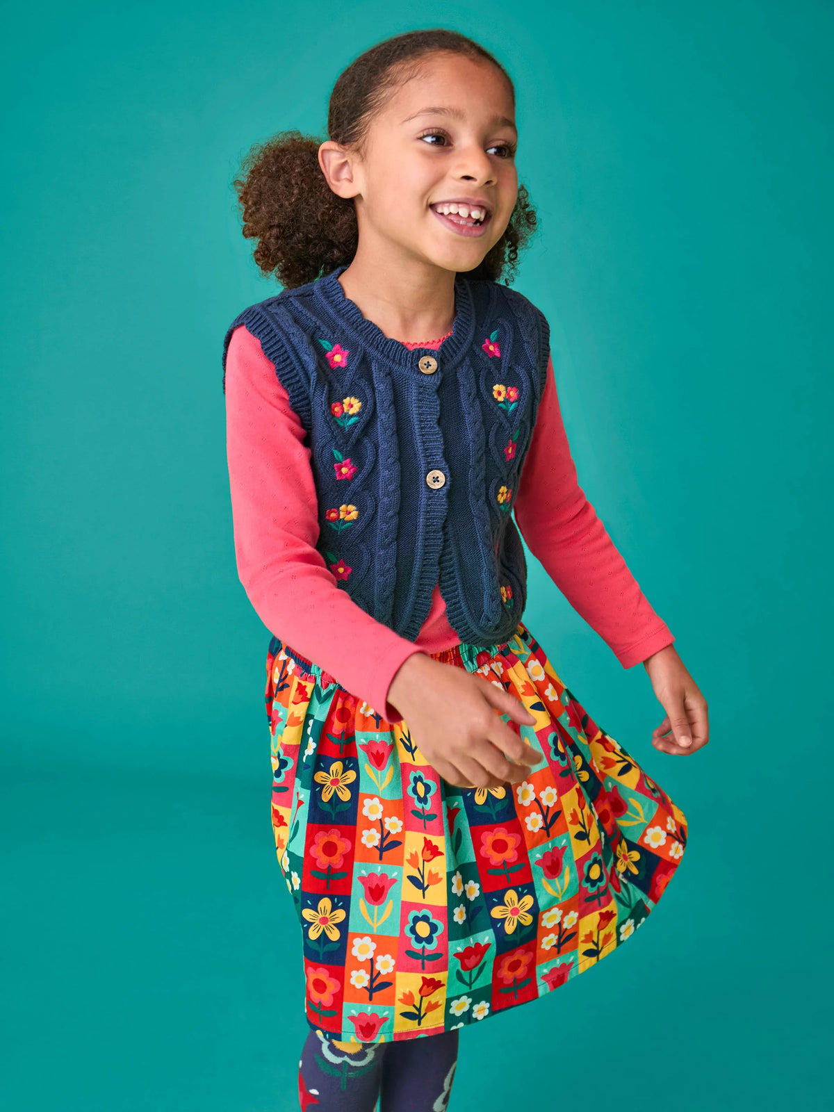 Frugi Girls Connie Navy Flowers Knitted Waistcoat