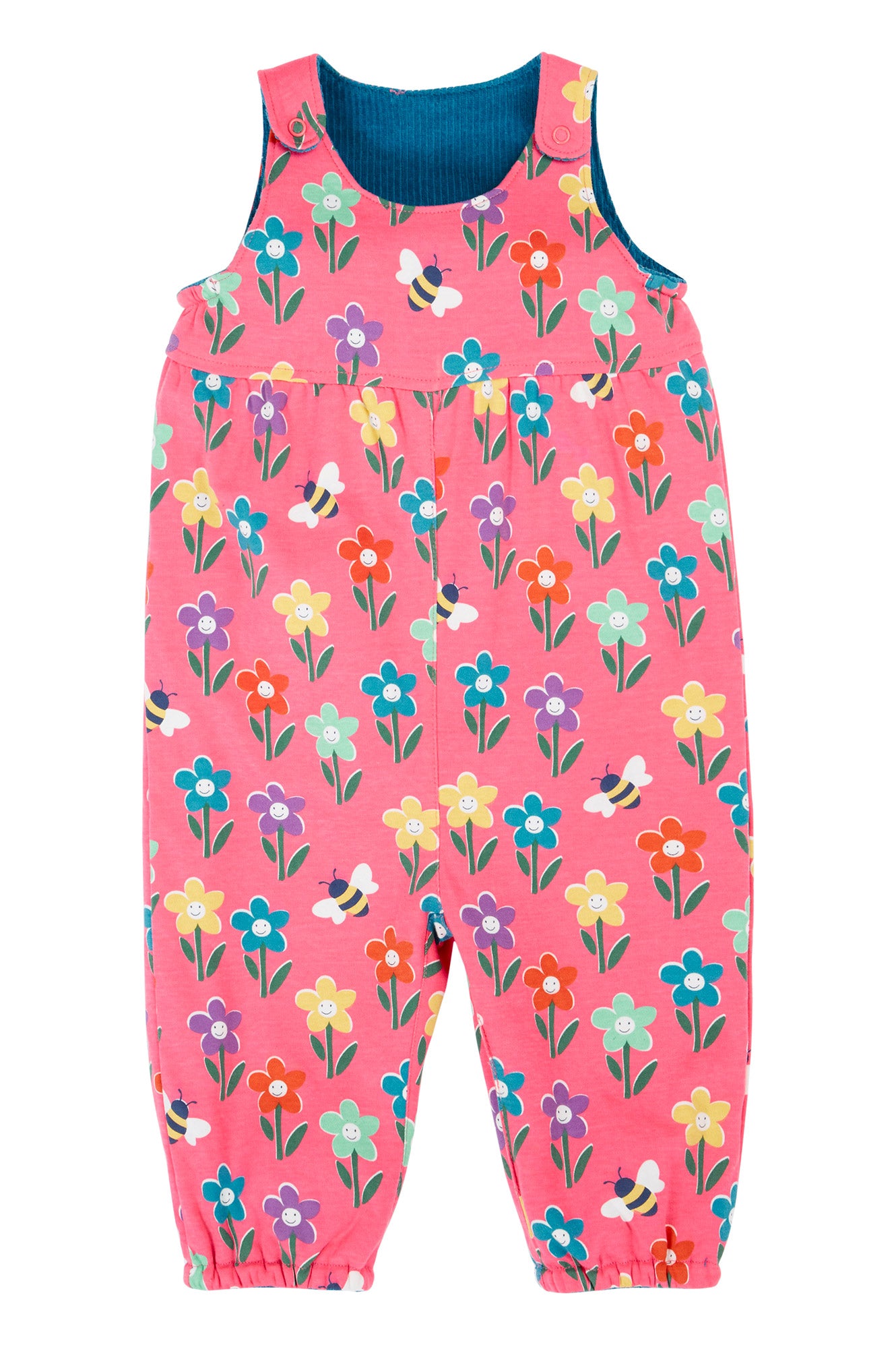 Frugi Baby Girls Helen Boat Blue/Fun Flowers Reversible Dungaree