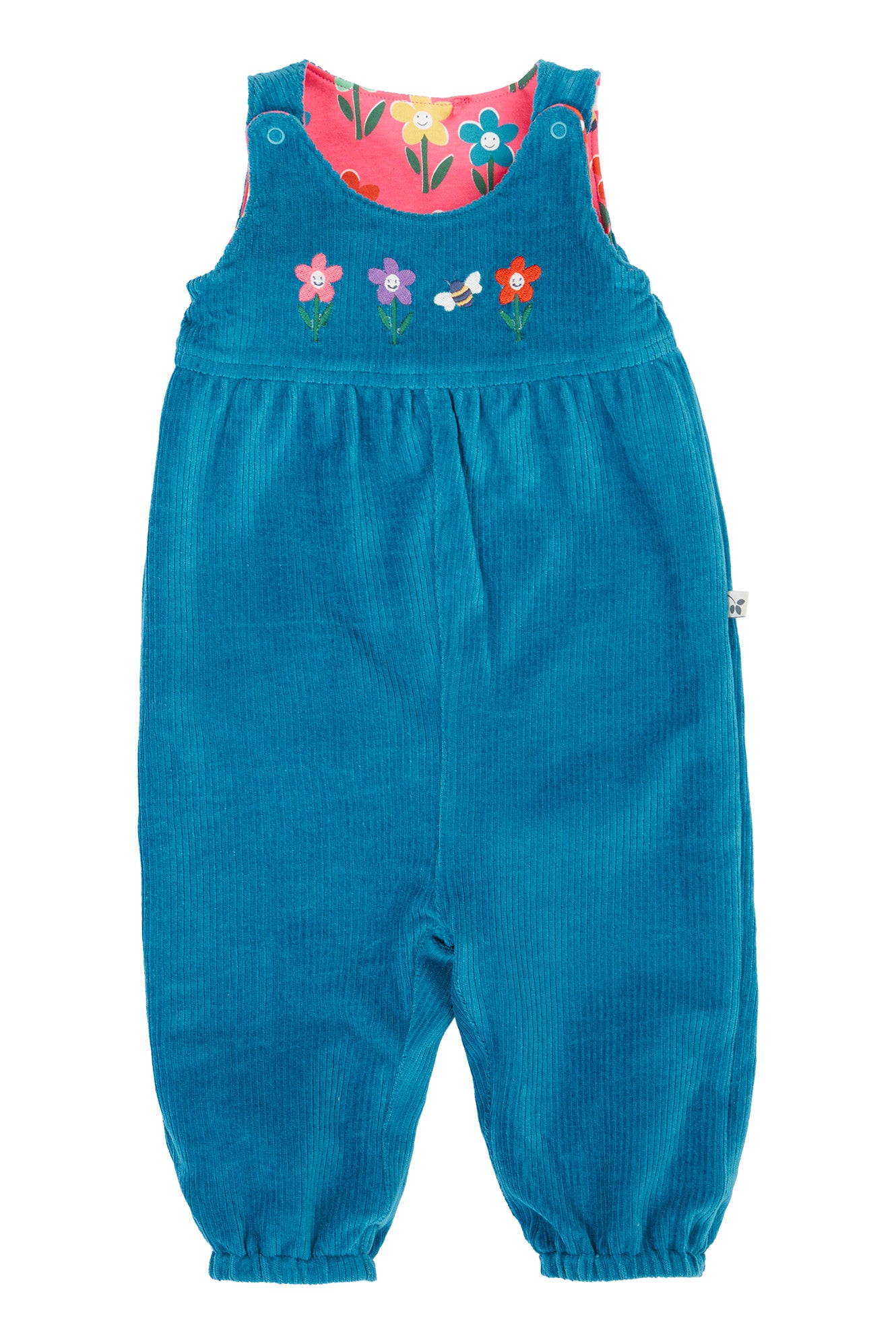 Frugi Baby Girls Helen Boat Blue/Fun Flowers Reversible Dungaree