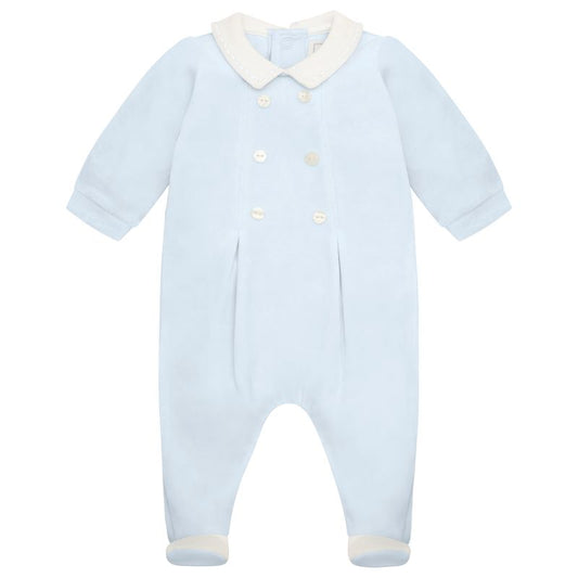 Emile et Rose Baby Boys Blue Velour Baby Grow-Front Pleats with Buttons & Collar
