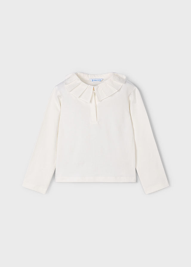 Mayoral Girls Long Sleeve Cream Top With Pleated Collar