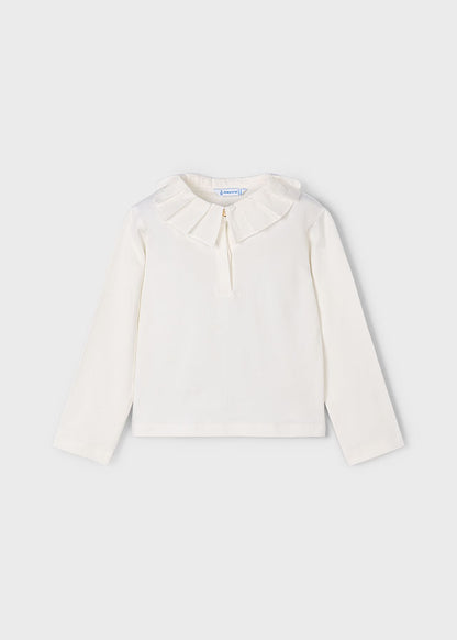 Mayoral Girls Long Sleeve Cream Top With Pleated Collar