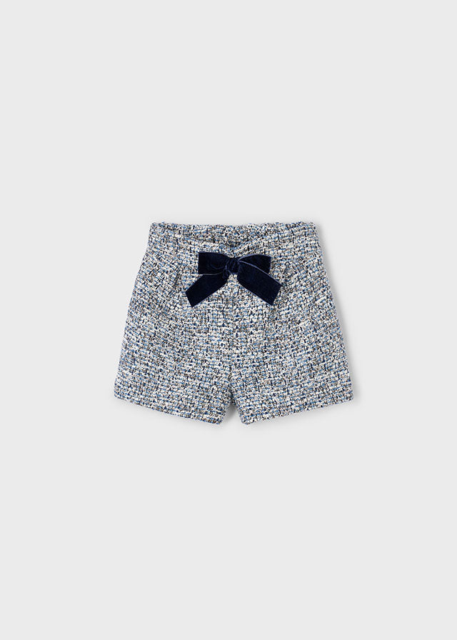 Mayoral Girls Black & White Soft Tweed Shorts With navy Velvet Bow