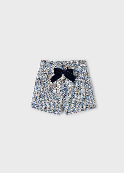 Mayoral Girls Black & White Soft Tweed Shorts With navy Velvet Bow