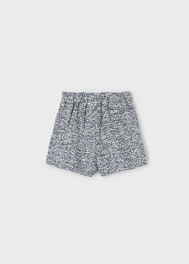Mayoral Girls Black & White Soft Tweed Shorts With navy Velvet Bow