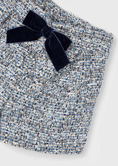 Mayoral Girls Black & White Soft Tweed Shorts With navy Velvet Bow