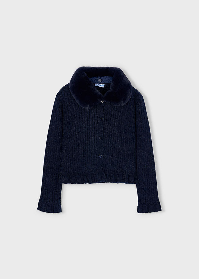Mayoral Girls Navy aux Fur Collar Ribbed Cardigan