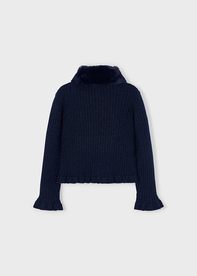 Mayoral Girls Navy aux Fur Collar Ribbed Cardigan