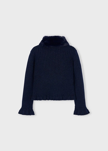 Mayoral Girls Navy aux Fur Collar Ribbed Cardigan