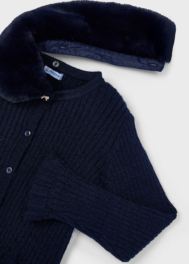 Mayoral Girls Navy aux Fur Collar Ribbed Cardigan