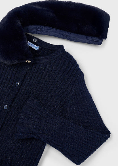 Mayoral Girls Navy aux Fur Collar Ribbed Cardigan