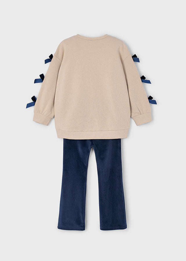 Mayoral Girls Navy Velvet Leggings and Stone Jumper With Navy Bow Sleeve Detail
